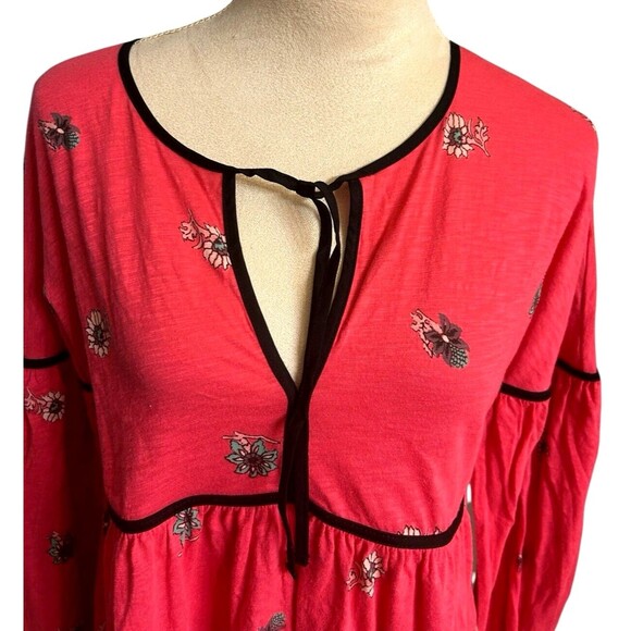 Lucky Brand Floral Boho Coral Tie Neck Keyhole 3./4 Bishop Sleeves Blouse Sz S - Picture 2 of 9